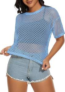 Camisetas sexys para mujer con estampado, holgadas, informales, de malla transparente, con encaje, hombros descubiertos, camiseta de malla de manga corta, top corto - Product Image 6