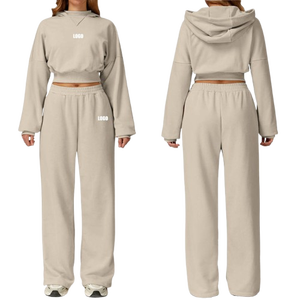 Conjuntos de 2 Piezas de Sudaderas con Capucha Cortadas y Bordadas de Otoño, 50% Algodón, Pantalones Acampanados, Conjuntos Deportivos para Mujer, Ropa de Gimnasio y Fitness - Product Image 1