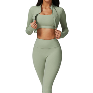 Ensemble de yoga 2 pièces pour femme : haut court zippé à manches longues et leggings taille haute avec trous pour les pouces - Product Image 5