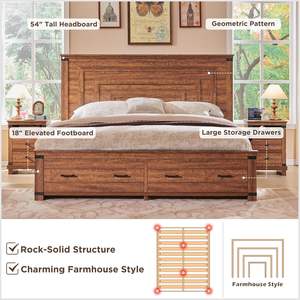 Farmhouse Queen Size Wooden Bed Frame 54\" <b>Tall</b> Geometric <b>Headboard</b> 2 Large Storage Drawers Rustic Wood Platform No Box Spring - Product Image 5