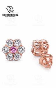 Elegant flower shaped <b>stud</b> earrings pink round center stone surrounded by brilliant lab grown diamonds secure screw back closure - Product Image 5
