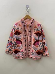 Manteau en coton brodé à la main à motifs floraux pour femmes, style bohème, manches longues, vêtement d'extérieur décontracté, col rabattu - Product Image 1