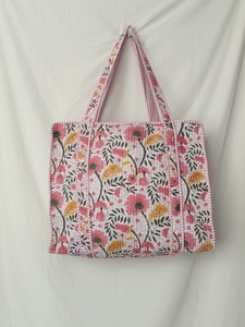 Cotton Fabric Shoulder Bag Bohemian Style Solid Color Zipper Closure Block Printed Shopping <b>Handbag</b> <b>Summer</b> Spring Use - Product Image 2