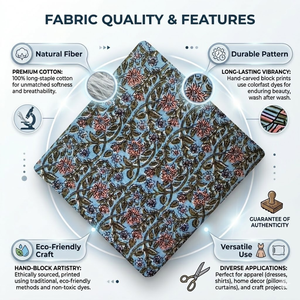 Tela de Algodón con Estampado de Enredaderas Florales, Color Azul Claro, Estampado a Mano, Tela Suave y Ligera para Confección de Kurtis y Vestidos - Product Image 2