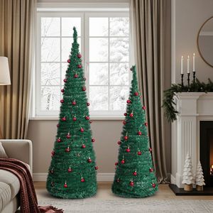 Lot de 2 arbres de Noël artificiels pliables de 6 pieds et 5 pieds avec des boules rouges pour la décoration de la maison ou du bureau, couleur verte - Product Image 6