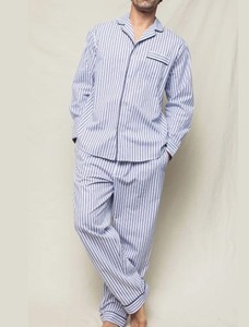 Pyjama d'été rayé pour homme, lavable en machine, respirant, confortable, anti-plis, avec poches, manches longues, 100% coton - Product Image 1