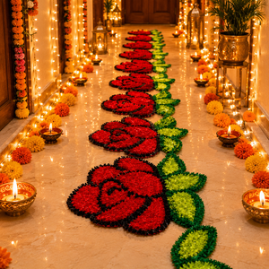 Ensemble de 6 tapis floraux faits à la main en forme de rose pour la décoration de la Pooja, de l'entrée, du Rangoli, de Diwali, des mariages et des festivals – Tapis de sol réutilisable - Product Image 5