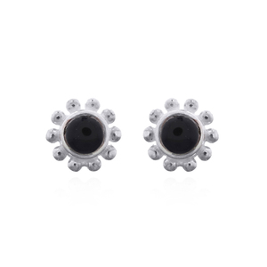 Radiant Sterling <b>Silver</b> Bali Flower Black Stone <b>Stud</b> <b>Earrings</b> - Product Image 1
