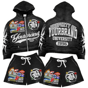 Sudadera con capucha vintage desgastada con efecto ácido y pantalones cortos deportivos personalizados, conjunto de sudadera con capucha con cremallera completa y pantalones cortos con estampado en relieve para hombre - Product Image 1