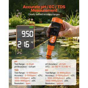 เครื่องวัดค่า PH/EC ความนำไฟฟ้า/TDS (ppm) แบบพกพา พร้อมหัววัดกันน้ำ IP68 ชุดทดสอบพกพา วัดค่าได้หลายพารามิเตอร์ - Product Image 2