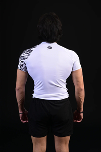 Men's White Short Sleeve Crew Neck <b>T</b>-Shirt with Front Logo Black Tribal Print Slim Fit Quick Dry Polyester Sport Top - Product Image 4