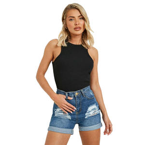 Shorts en jean déchirés taille haute pour femme, bleu délavé, coupe skinny, style décontracté, effet vieilli, pour dames - Product Image 1