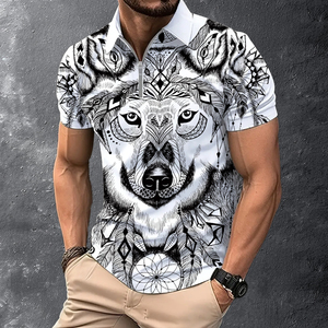 Polo artístico Dreamcatcher Wolf para hombre |   Camiseta Digital Sublimada con Cierre de 1/4 |   Ropa Casual Urbana con Motivos de Animales en Estilo Étnico - Product Image 1