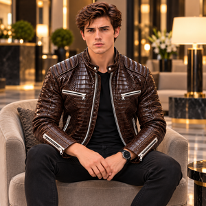 <b>Mens</b> Dark <b>Brown</b> for Embossed Genuine <b>Leather</b> Breathable Winter Biker Motorcycle <b>Jacket</b> Luxury Custom OEM Wholesale - Product Image 4