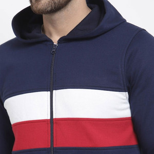 Men's Navy Blue Hooded <b>Zip</b>-<b>Up</b> Sweatshirt With <b>White</b> And Red Color Blocking Regular Fit Casual French Terry 100% Cotton - Product Image 3