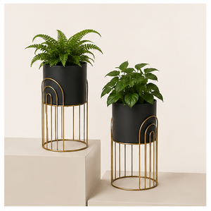 Modern Stylish Metal Indoor <b>Plant</b> Stand Set with Matte Black Pots & Gold Geometric Wire <b>Frames</b> for Luxury Living Room - Product Image 5