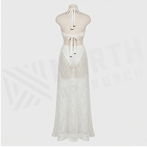 Ensemble de maillot de bain en crochet blanc 2 pièces avec haut halter à fleurs 3D et jupe en résille, vêtements de plage pour femmes - Product Image 2