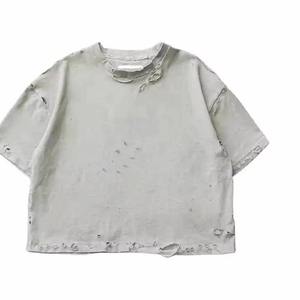 Distressed T Shirt Custom Logo Heavyweight Streetwear T Shirts Trendy Distressed Ripped Holes design - Product Image 6