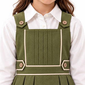 Uniforme Escolar para Niñas, Vestido Verde Oliva Tipo Pinafore, Blusa Blanca de Manga Larga, Falda Plisada con Detalle de Botones - Product Image 2