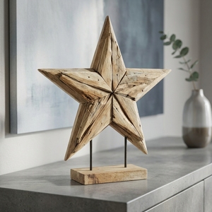 Starios Stand Handcrafted <b>Wooden</b> Star Sculpture <b>Rustic</b> Celestial Tabletop Decorative Artwork Metal Stand Home Decor Display - Product Image 5