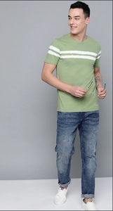 T-shirt décontracté sans col à manches courtes vert uni pour homme, tricoté 100% coton, écologique, idéal pour l'été - Product Image 1