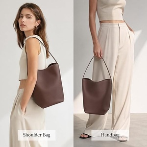 Women's Brown Genuine <b>Leather</b> Bucket <b>Bag</b> <b>Soft</b> Handle String Closure Modern Style Daily Use - Product Image 4