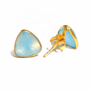 925 Sterling <b>Silver</b> Luxury Vintage Handmade <b>Stud</b> <b>Earrings</b> Women 18K Gold Plated Faceted Trillion Cut White Aqua Wedding - Product Image 2