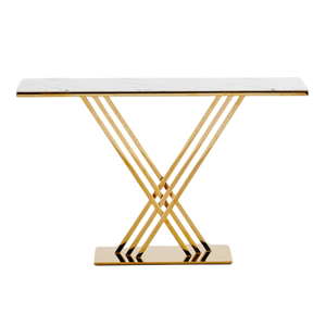 Console moderne de luxe avec plateau en faux marbre blanc, base en acier inoxydable doré en forme de X, table d'entrée/hall pour la décoration du salon - Product Image 1