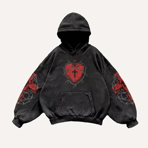 Sweat-shirt à capuche court surdimensionné pour homme, imprimé flamme squelette gothique, noir et rose, en tricot par sublimation, style automne - Product Image 2