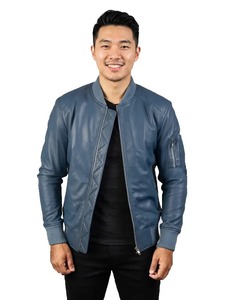 Veste en cuir bomber bleue pour homme - Product Image 2