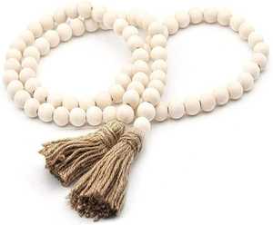 Guirlande de perles en bois avec pompons en jute, style rustique naturel pour décoration murale et intérieure - Product Image 5