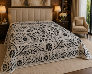 <b>Queen</b> King-Size Luxury Handmade Organic Cotton <b>Bed</b> <b>Sheets</b> Embroidered Geometric Suzani Kantha Design Home Hotels Weddings - Product Image 1