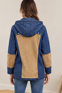 Denim Hooded Jacket for Women Blue Tan Vintage Winter Utility Jacket Contrast Panels Zip Front Casual Distressed Wash - Product Image 2