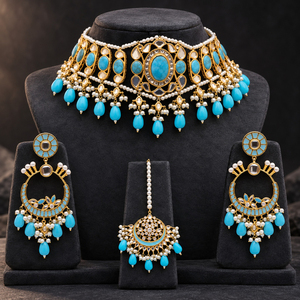 Venta al por mayor de conjunto de gargantilla nupcial, pendientes de aro y tikka con cuentas de turquesa chapadas en oro, a granel - Product Image 4
