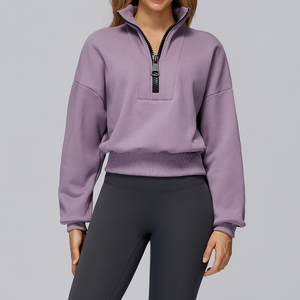 Sweat-shirt court oversize pour femme avec fermeture éclair, col montant, épaules tombantes, manches longues, couleur unie, tricoté, respirant, pour l'automne - Product Image 4