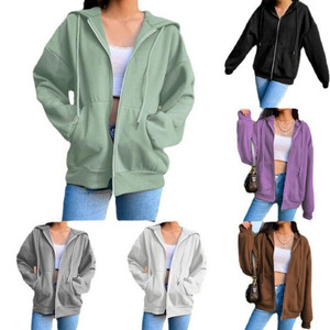 Fashionable Women Fleece Solid Hooded Korean Sweatshirts Long Sleeve Drawstring Pockets Loose <b>Zipper</b> <b>Black</b> <b>Hoodies</b> for Women - Product Image 2