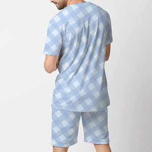 Ensemble de vêtements de nuit en coton à carreaux bleu clair pour homme, pyjama décontracté d'été à manches courtes, tissu tricoté respirant - Product Image 5