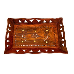 Plateau de service en bois de Sheesham avec incrustation en cuivre |   Marqueterie artisanale |   Vente en gros - Product Image 1
