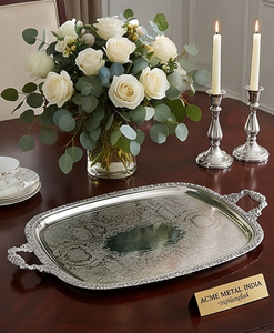 Antique Silver Metal <b>Tray</b> With Vintage Look Durable Style Floral Pattern Design Ideal For Home Display And Party Use <b>Large</b> Size - Product Image 1