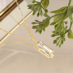 ultimate crystal quartz faceted pendant 18k gold plated rectangle bezel set stone necklace handmade brass <b>cable</b> chain jewelry - Product Image 5