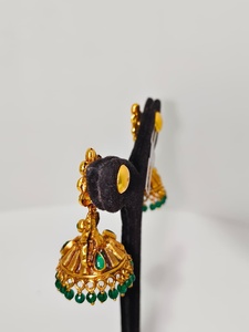 Antique 22k Solid Gold Temple Jhumka Drop <b>Earrings</b> Handcrafted Lakshmi Motif with <b>Green</b> Emeralds and Natural Pearls for Wedding - Product Image 3