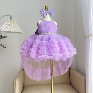 Robe de soirée en tulle perlée à col licou pour filles, modèle 2-en-1 avec traîne à volants détachable, jupe superposée élégante, vente en gros - Product Image 1
