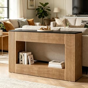 Consolle Moderna Rustica in Teak con Piano in Marmo, Tavolo Lungo Elegante per Soggiorno, Ingresso, Magazzino, Appartamento, Hotel, Stoccaggio - Product Image 6