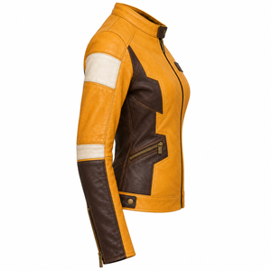 Darkry Custom <b>Womens</b> Yellow <b>Brown</b> Genuine <b>Leather</b> Racing <b>Jacket</b> Real Cowhide Motorcycle Biker Rider Sportswear Outerwear Apparel - Product Image 3