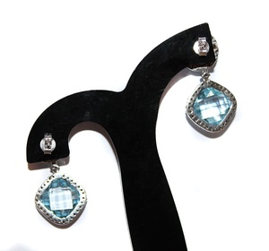 Wholesale 24.50CT 925 Silver Natural <b>Blue</b> <b>Topaz</b> Champagne Diamond Halo Drop Dangle <b>Earrings</b> Memoria Jewels - Product Image 3
