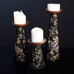 Modern design Dark floral enamel candle holder 3 <b>pc</b> <b>set</b> decorative pillar candle holders wooden accent candle stand offer custom - Product Image 3
