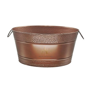 Bac à Boissons Ovale en Acier Galvanisé Martelé Effet Cuivre Antique avec Poignées en Fil Métallique – Vaisselle de Fête Moderne pour Vin et Boissons - Product Image 1