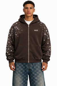 Sudadera con capucha de algodón grueso con cremallera y pedrería para hombre, con logo personalizado, estilo urbano, fabricación a granel - Product Image 5