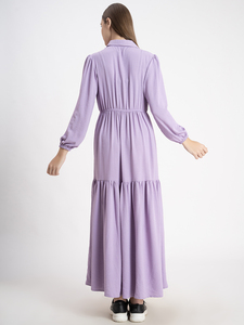 Lavender <b>Long</b> Sleeve Maxi <b>Dress</b> With Polo Neck Elastic Waist Loose Fit Layered Hem Casual Daily Wear 100% Cotton Woven Fabric - Product Image 2