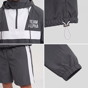Ensemble de survêtement court coupe-vent streetwear pour homme 100 % nylon avec fermeture éclair 3/4, capuche, léger, coupe-vent, séchage rapide, short de pluie pour la randonnée - Product Image 5